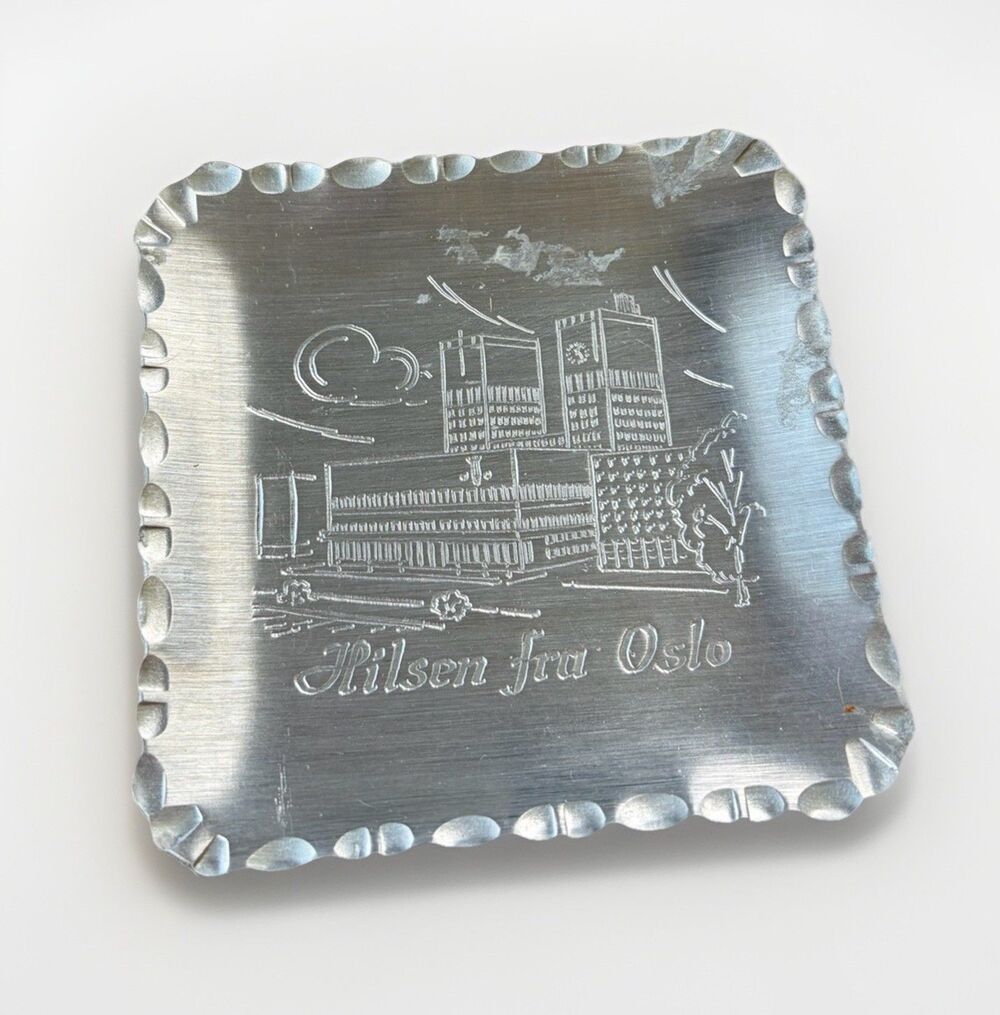 Vintage Hilsen Fra Oslo Norway Hand Forged Aluminum Souvenir Trinket Tray Dish